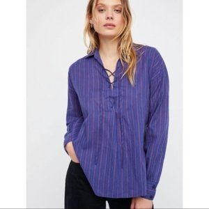 Free People Under the Boardwalk Linen Blue Striped Lace Up Collar Tunic Size S